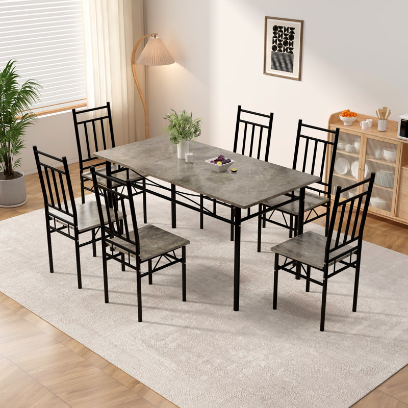 Ensemble de table de salle à manger 7 pièces, table de cuisine rectangulaire en bois rétro et 6 chaises à haut dossier , Gris