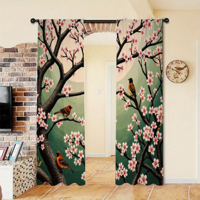 2Pcs Pink Cherry Blossom Tree & Birds Pattern Curtains, Rod Pocket Sun Blocking,Nature Inspired Style, All-Season For Living Room Bedroom Study Window Decor