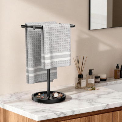 Porte-serviettes de comptoir en forme de S - Hauteur réglable pour salle de bain/cuisine/camping-car | Base en métal et bois antirouille, tout noir