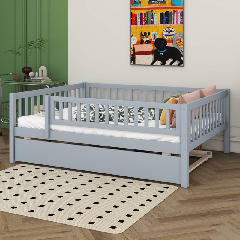 Structure de lit double avec lit gigogne et garde-corps, lit pour enfants en bois de style Montessori avec support à lattes