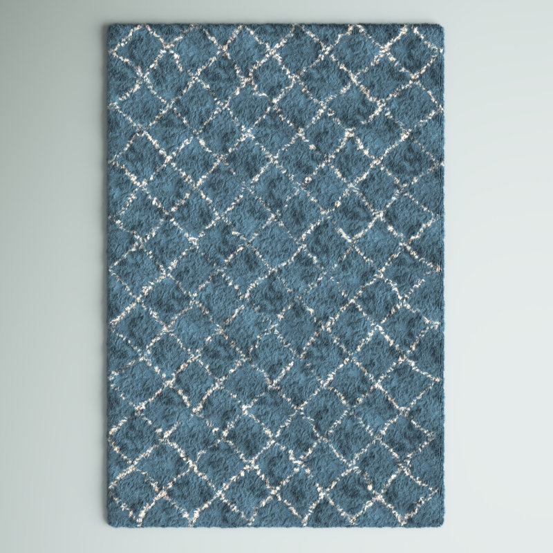 Tapis géométrique en laine / coton noué à la main Filips ivoire / bleu clair, Rectangle 9 pi x 12 pi