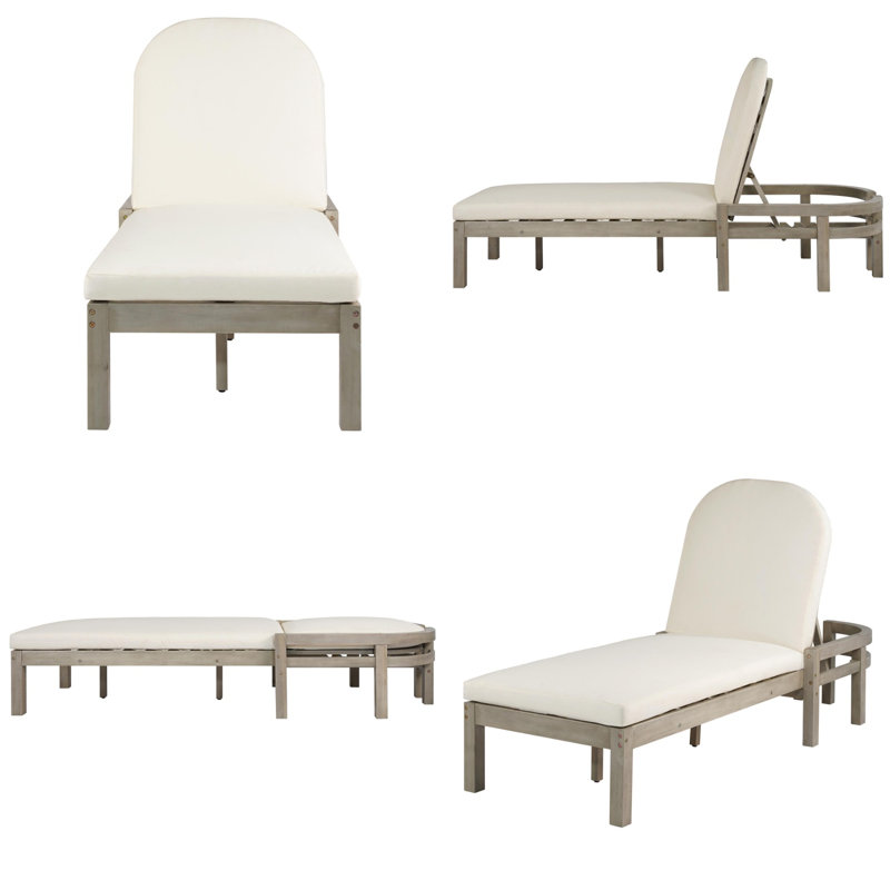 Outdoor Chaise Lounge, Premium Acacia Wood Patio Recliner with Arched Backrest, 5-Position Adjustable, Thick Waterproof Cushion for Poolside, Backyard, Deck