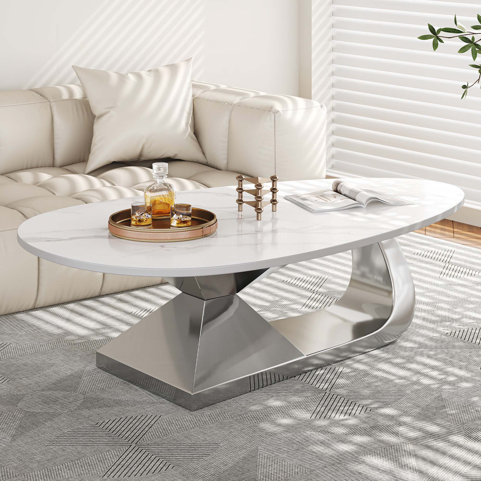 Everly Quinn Faux Marble Top Coffee Table With Stainless Steel Base ...