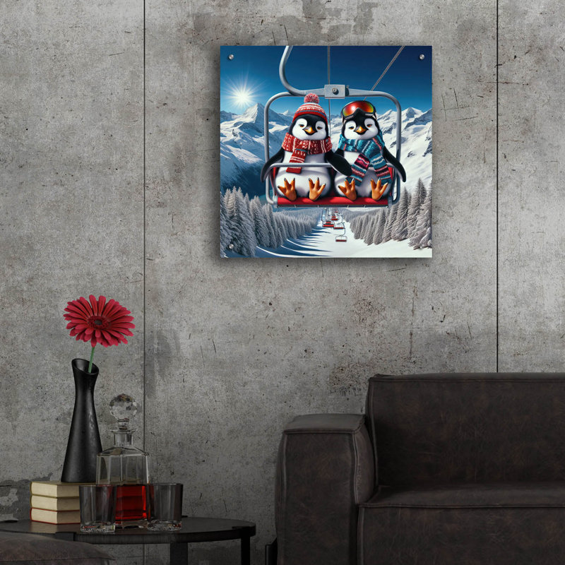  «Penguin Ski Friends» par Rey Klimt, art mural en verre acrylique, 24 po x 24 po