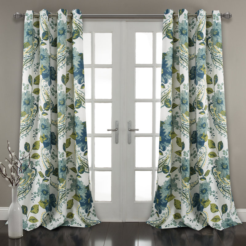 Extra Long Blue Green Floral Paisley Blackout Drapes
