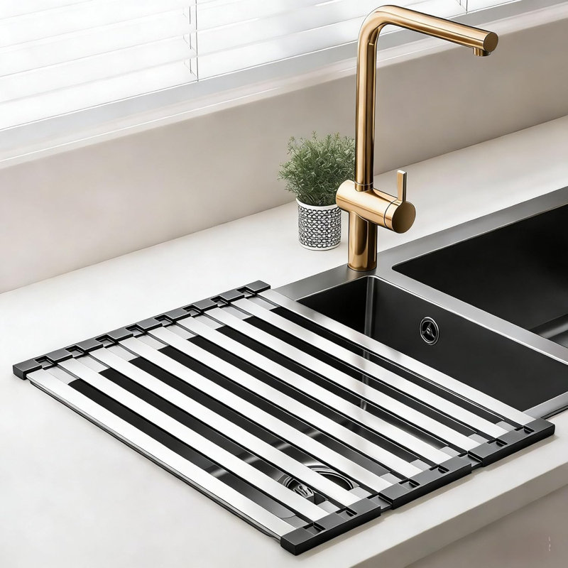 Stainless Steel Foldable Dish Drying Rack, Over the Sink Draining Rack for Kitchen Counter, Roll Up Dish Rack for Sink, Multipurpose Kitchen Organizer for Dishes, Cups, Utensils and Vegetables