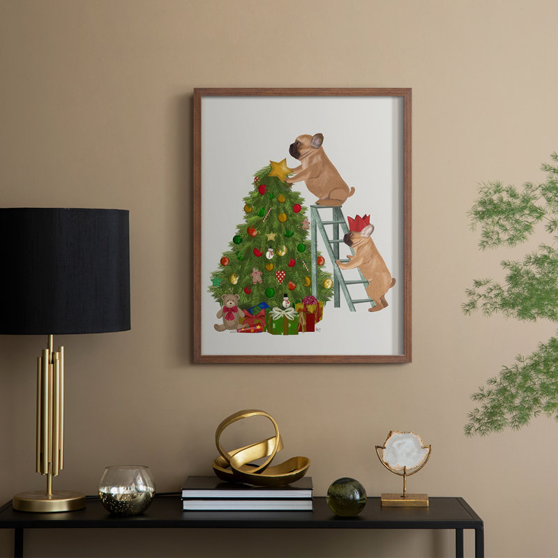 Échelle de bouledogue français de Noël, reproduction encadrée en bois massif, H 21 po x l 17 po, Noyer