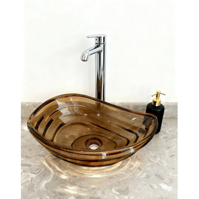 Transparent Amber Glass Vessel Sink, Modern Vanity Bowl With Pop-up Drain For Bathroom | Lav-fws102