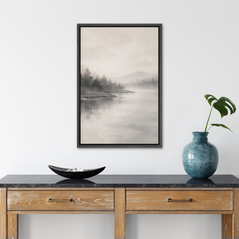 «Minimalist Foggy Lake Landscape with Trees», art mural encadré sur toile, H 36 po x l 24 po, Noir