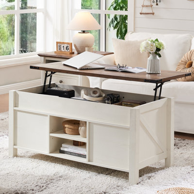 Chanya 48""W Farmhouse Lift Top Storage Coffee Table with Sliding Barn Door, Adjustable Shelf -  Millwood Pines, 4FAFC97121ED40398AC227BEC1DB99B3