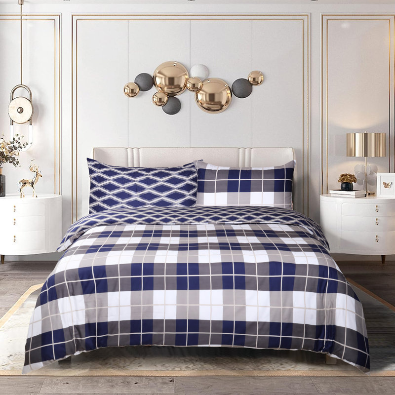 Microfiber Printed Duvet Cover - Soft, Lightweight, Fade-Resistant Bedding with Matching Pillowcases, Navy Check
