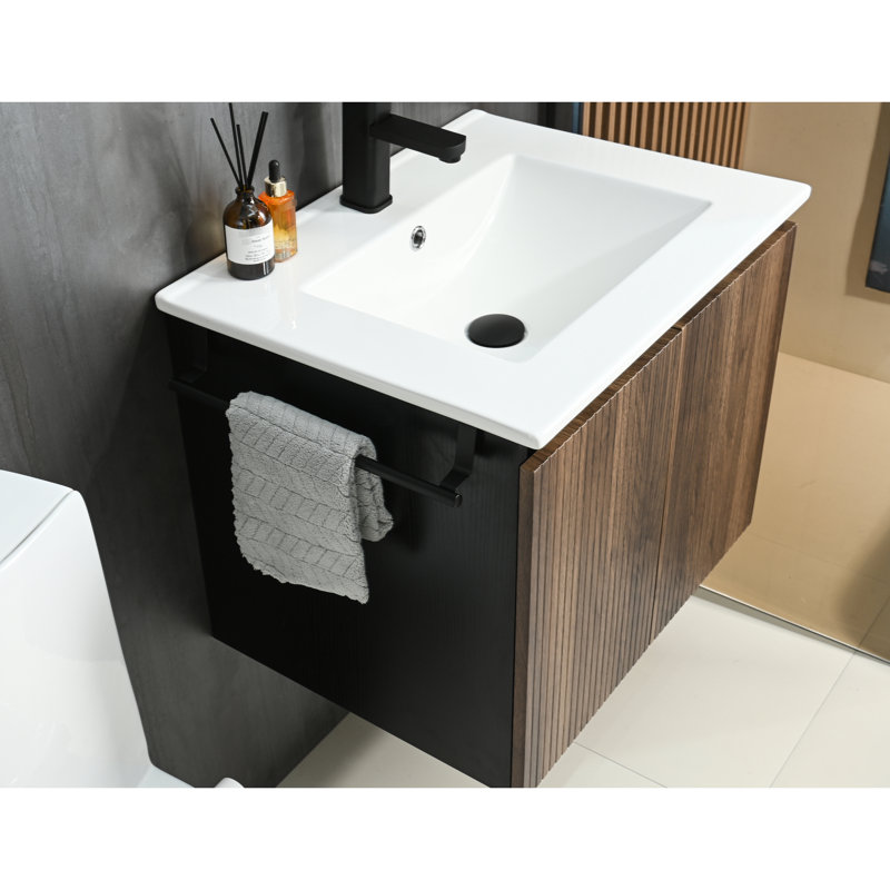 Meuble-lavabo mural de 24 po, barre à serviettes noire, construction, lavabo en céramique, support à charnières à fermeture douce, structure, fabrication robuste