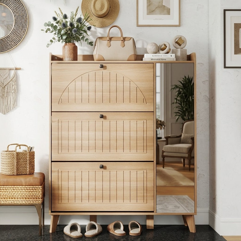 9-tier Entryway Shoe Storage Cabinet With Mirror And 3 Flip Drawers, Fluted Arched Design