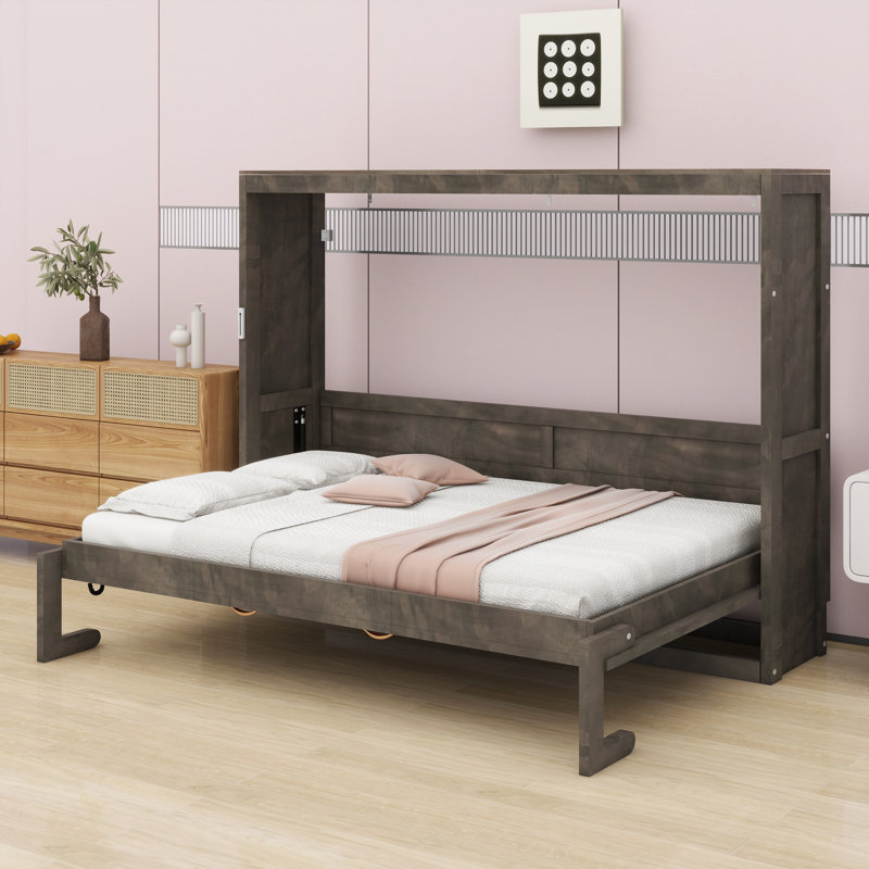 Armoire-lit peu encombrante avec éclairage et conception murale, Brun, Double