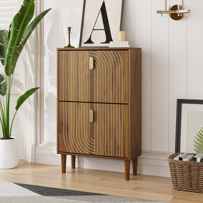 Metal Shoe Cabinet, 2-Flip Drawer, Grooved Design for Entryway - Standard