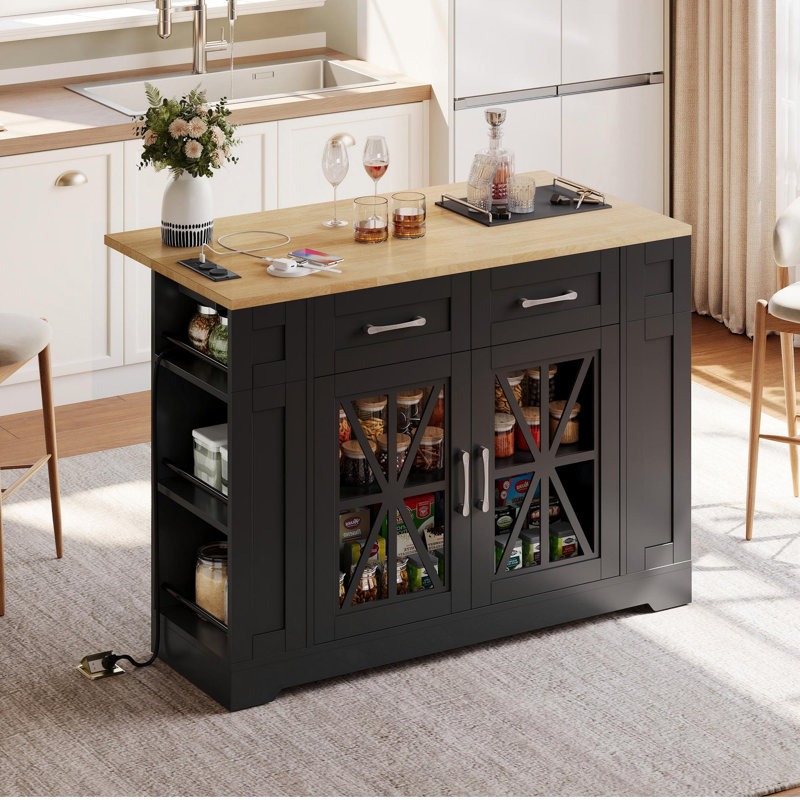 Kitchen Island With 2 Drawers And 2 Doors, Black