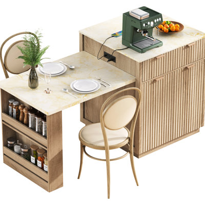 Large Kitchen Island With Extendable Table For 2 - 6, Faux Marble Top, Double Sided Drawers, Adjustable Shelves, Power Outlet Small Appliances 82.6" Fluted 51.1" Expandable Dining 4 Natural Oak