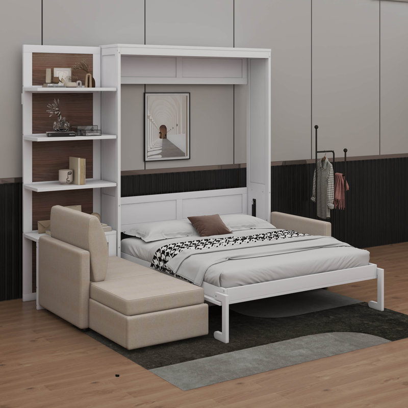 Queen-Size Murphy Bed With Sofa And Storage Unit, White