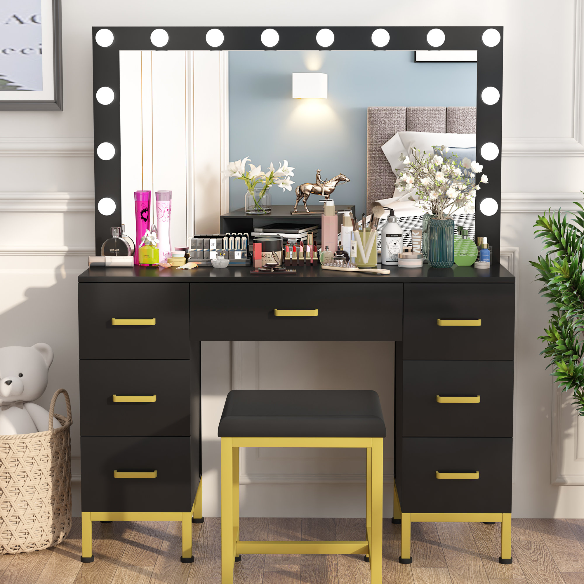 Everly Quinn Exdol Vanity Set with Lighted Mirror & Reviews | Wayfair