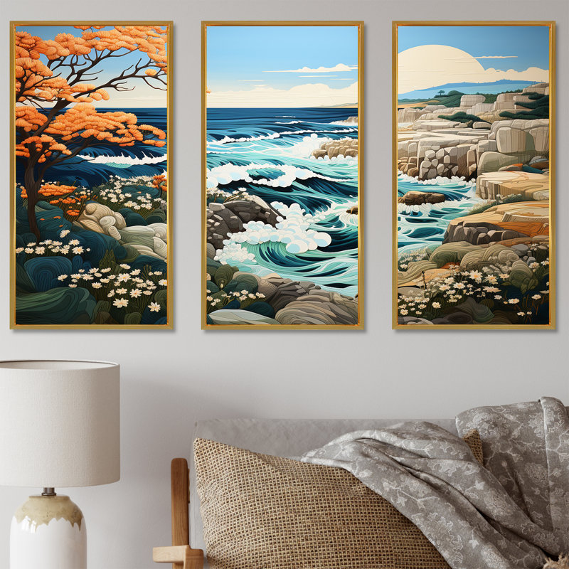 «Wild Beachscape Landscape III - Coastal Coral Under Water», ensemble de reproduction d'art mural, Cadre flottant doré