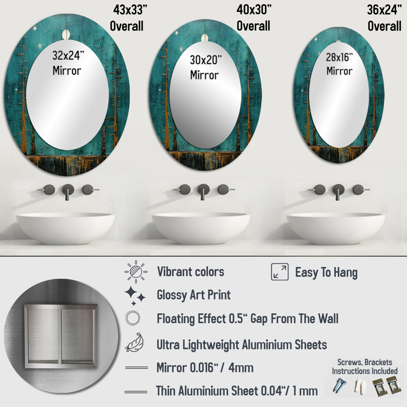 Abstract Moon On Retro Teal - Teal Oval Wall Mirror Decor, 36" x 24"