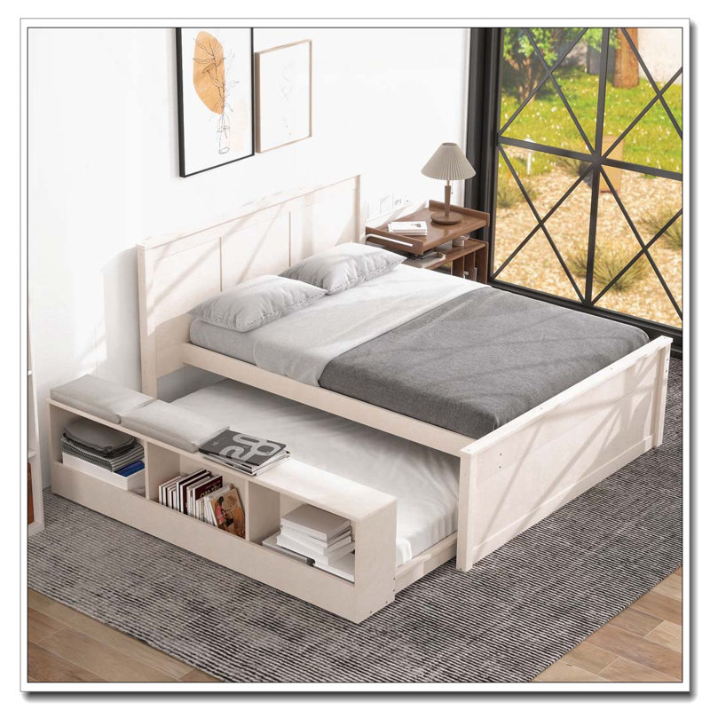 Lit plateforme en bois avec lit gigogne escamotable, armoire de rangement, Lit double, Blanc, crème
