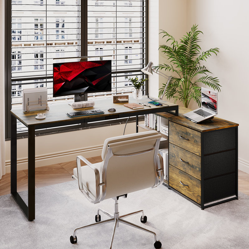 Ahriana L-Shaped Metal Base Computer Desk, Black, Brown