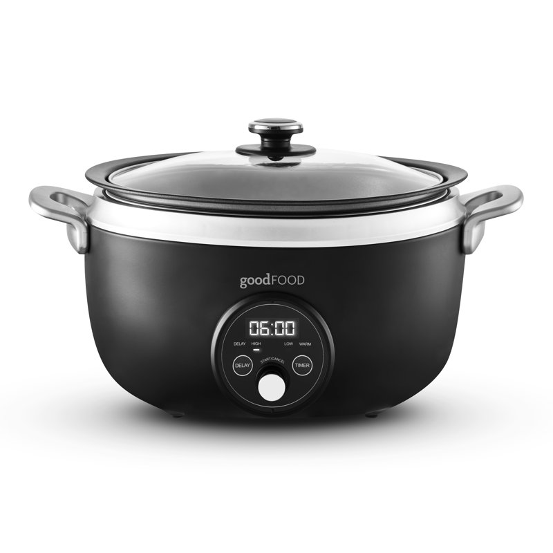 GF16011 Good Food in partnership with Tower 6.5L Digital Slow Cooker with 3 Heat Settings, Delay Function & Timer, Removable Aluminium Pot & Cool Touch Handles on Exterior, Tempered Glass Lid, Black with Stainless Steel Accents