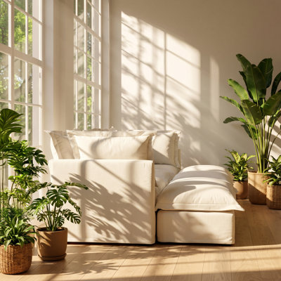 Urban Ins 120" W x 55" D x 34.6" H 3-Seater Cream Chenille Slipcovered Sofa with 3 Ottomans