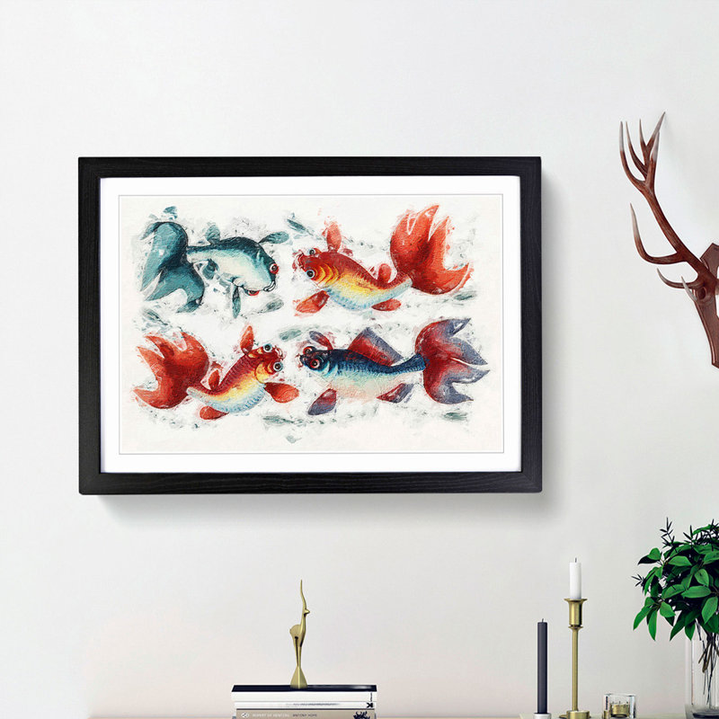 Two Gold & Silver Fish - Picture Frame Painting Print, Black Framed, 27cm H x 36cm W x 2cm D