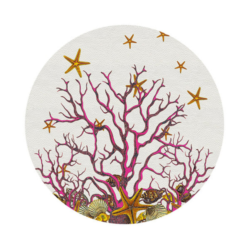 Coral Reef White Pink Vegan Leather Round Coasters, White Pink