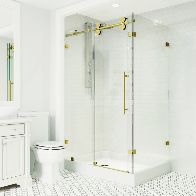Winslow 48" W x 36" D x 80" H Sliding Frameless Shower Enclosure with 3/8  Clear Glass&Base, Matte Brushed Gold, Left