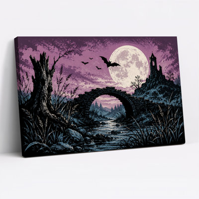Pont de pierre et tour en ruine sous une lune violette - Toile murale d'Halloween