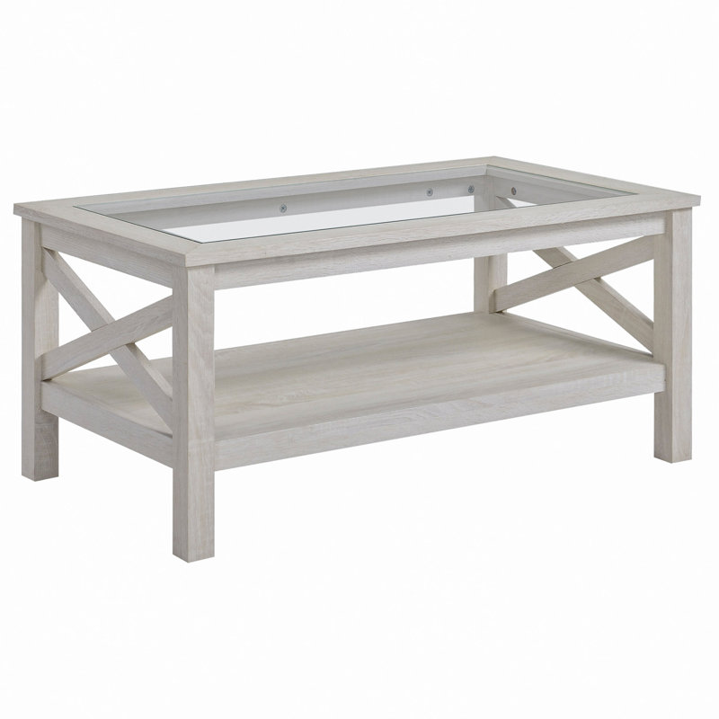 Table basse traditionnelle Espinet avec structure en bois, plateau en verre trempé et tablette de rangement, Chêne blanc