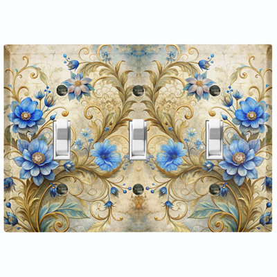Couvercle de plaque d'interrupteur en métal; Bascule à 3 bandes US standard - Fleurs bleues élégantes