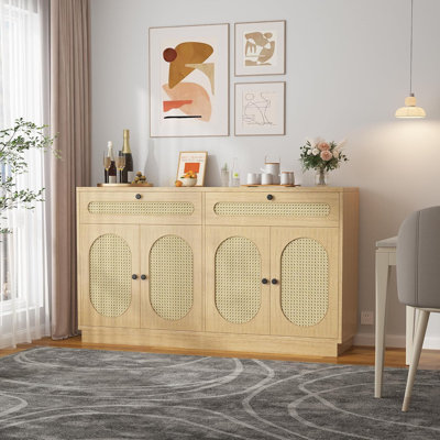 Buffet 60 po en rotin avec 2 tiroirs et 4 portes, armoire de rangement avec tablettes réglables pour la salle à manger, le salon et le vestibule