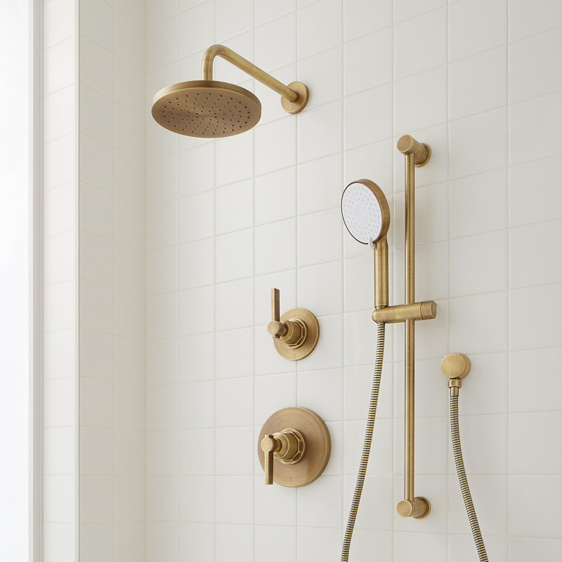 Greyfield Pressure Balance Shower System with Slide Bar and Hand Shower, Aged Brass