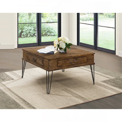 Table basse carrée rustique en chêne et noir avec 2 tiroirs et pieds en métal
