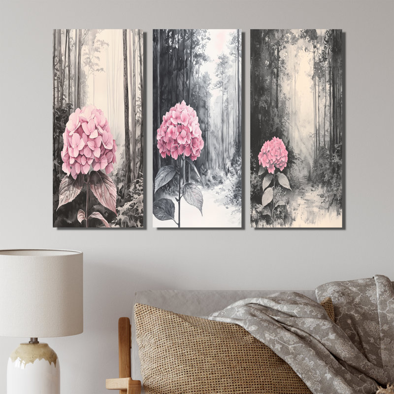 Hortensias dans la forêt monochrome I - Collection de décorations murales traditionnelles, H 40 po x l 60 po, Toile tendue