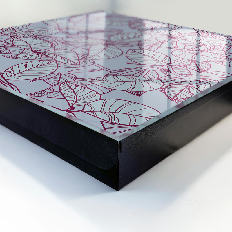 Key cabinet for wall, Opens to the left, 30x30x5, Black, Leaf motif on a gray background with a burgundy outline, 