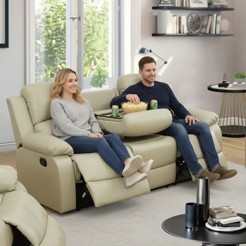 Ensemble de canapé inclinable beige 3 pièces Ensemble de meubles de salon inclinables manuels Ensemble de canapé inclinable en cuir reconstitué avec porte-gobelet / console de rangement pour la maison / le bureau