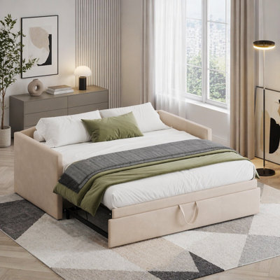 Daybed with Extended Pop Up Trundle, Upholstered Sofa Bed Daybed, Space-Saving Twin to King Design