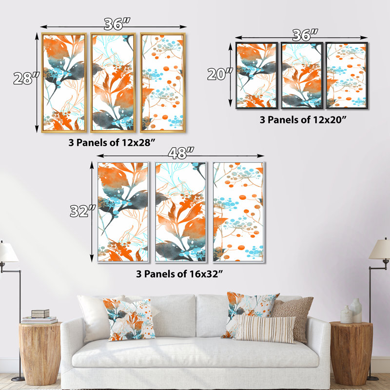 Boho orange et feuilles bleues - ensemble d'art mural sur toile traditionnel encadré de 3