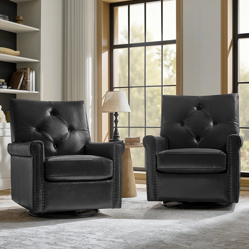 Chaise berçante pivotante en cuir véritable de 31 po avec dossier capitonné et garniture cloutée Stratton, Noir