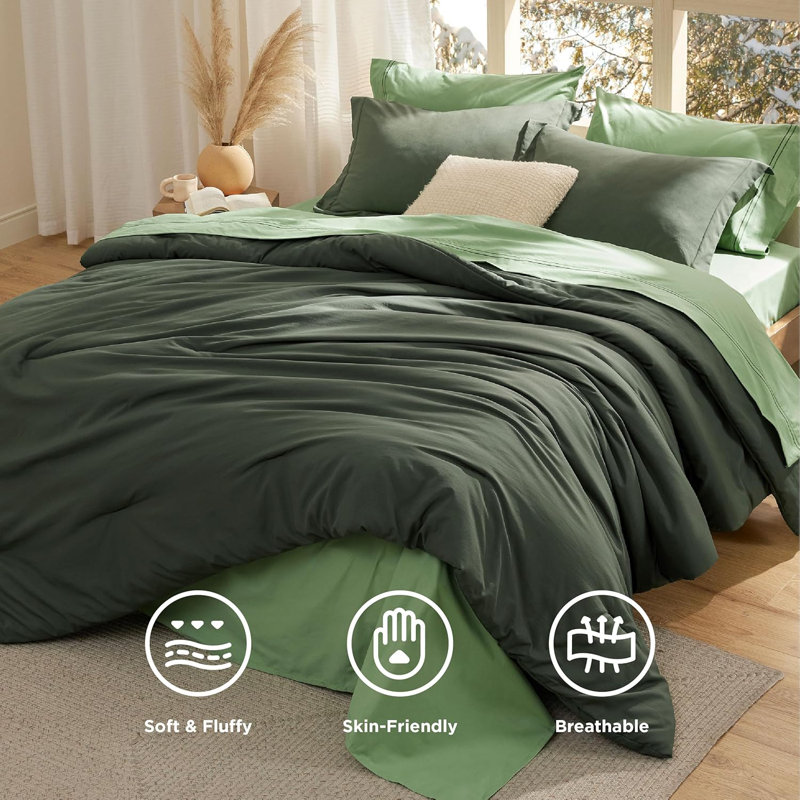 Ensembles d'édredon 100% coton, Vert olive, Édredon très grand + 2 taies décoratives + 2 ta