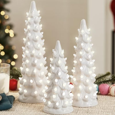 Ensemble de 3 arbres de Noël en céramique XL, décoration de Noël de table pré-éclairée peinte à la main avec ampoules blanc chaud, lumières DEL - blanc