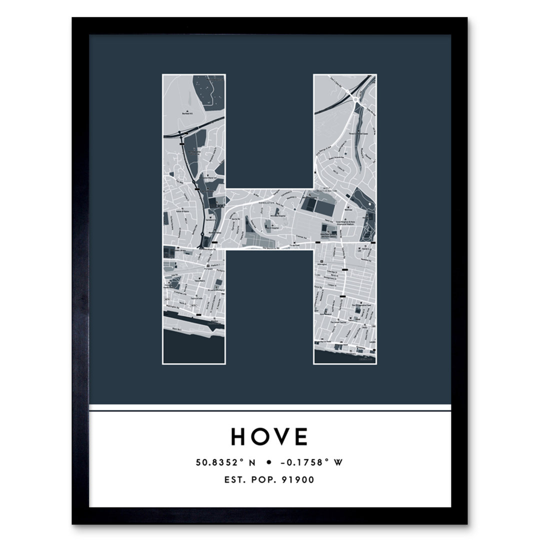 Hove City Map Hove Navy by Wee Blue Coo - Single Picture Frame Typography