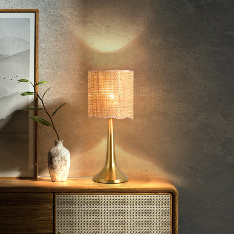 17.32in Gold Brass Table Lamp with Rattan Shade for Bedroom, Gold