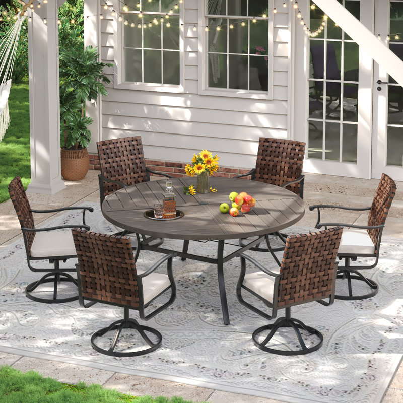 6-Person Outdoor Patio Dining Set With Wicker Swivel Chair, Gray Woodlike