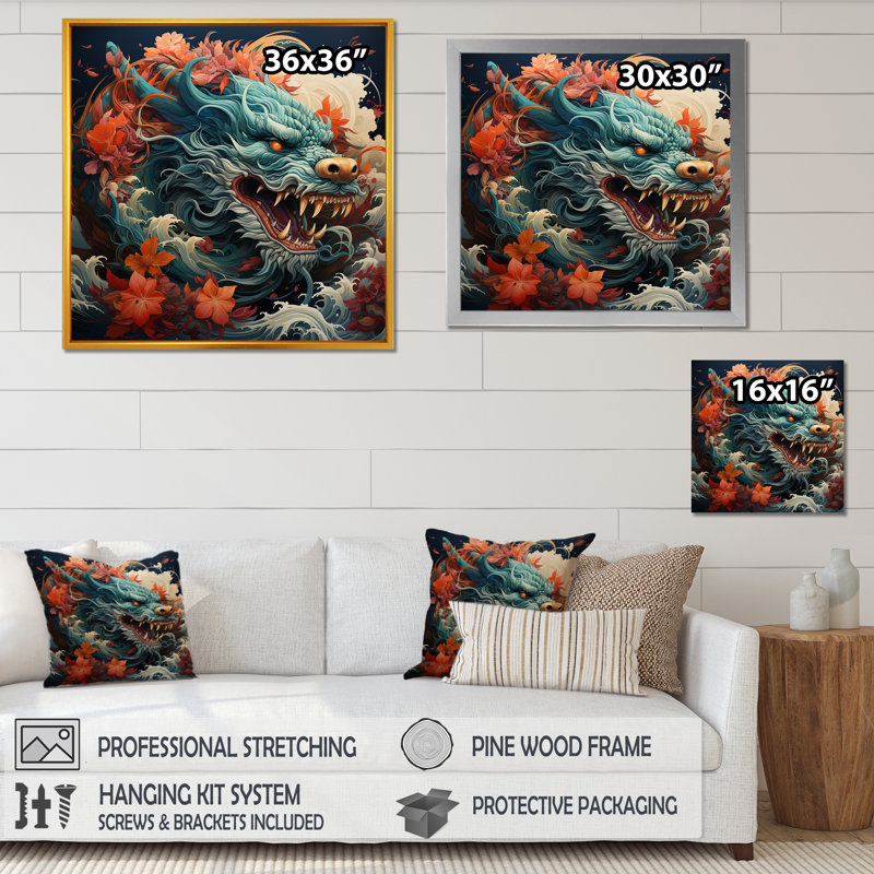 Dragon japonais sur la vague au large de Kanagawa II - Dragons, art mural, Cadre flottant noir, H 16 po x l 16 po x P 1 po